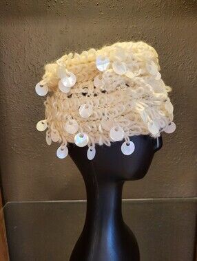 Jo Giovanni 1950s Ivory Wool Beehive Pillbox Iridescent Paillette Dangles Italy